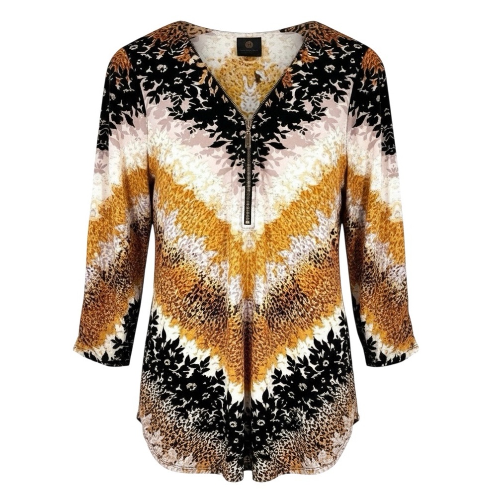 JM Collection Stretchy Zip 3/4 Sleeve Blouse Shirt Top Business Gold Black White